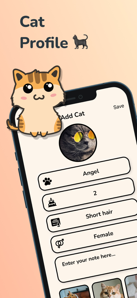 Cat Translator Meow Sounds - Interface of the Cat Profile screen showing fields for name age and breed