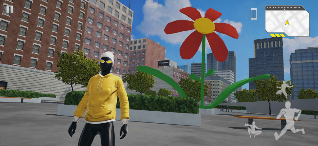 Spider Fuser - Spider Fuser character wearing a yellow hoodie and beanie in an urban city square with a giant red flower sculpture.
