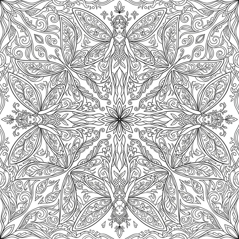 Step into a world of magic with this mesmerizing Kaleidoscope Fairies coloring page, boasting enchanting symmetrical patterns and intricate details. Perfect for adults and teens seeking a creative escape into a fantasy realm.