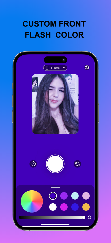 VividBooth - PhotoBooth Camera - A smartphone screen showing the VividBooth app interface with a custom front flash color picker and a selfie preview.
