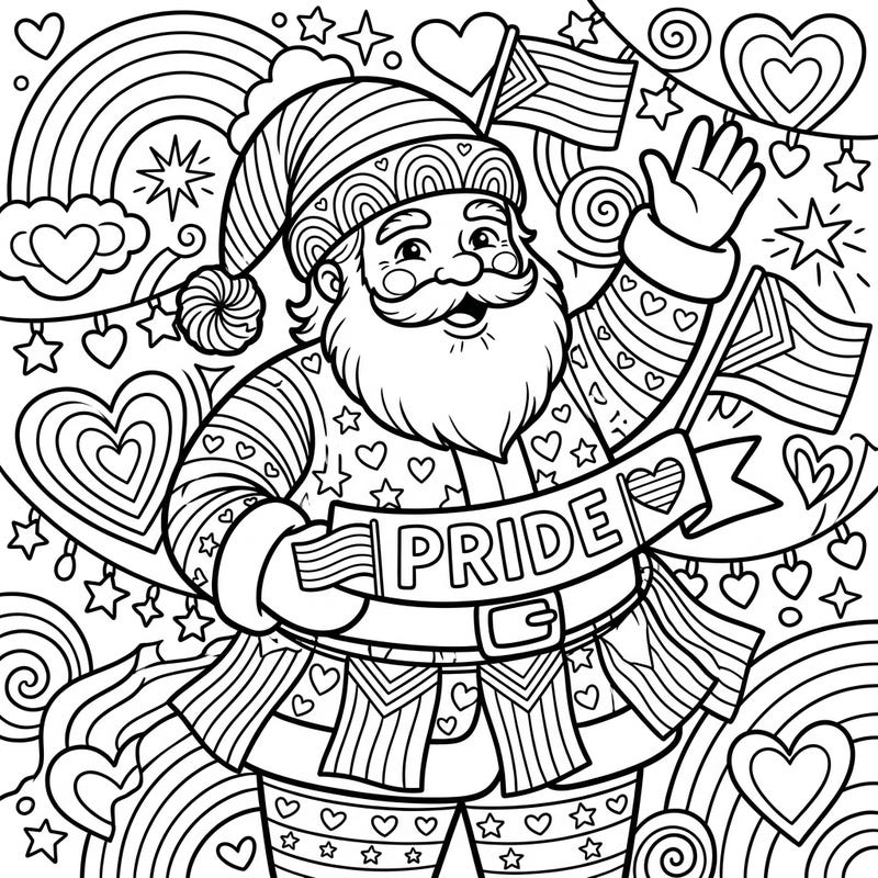 Embrace the spirit of love and inclusivity with this heartwarming Santa Claus Pride coloring page. Featuring a joyful Santa surrounded by festive Pride elements, it's a wonderful way to celebrate diversity through creativity.