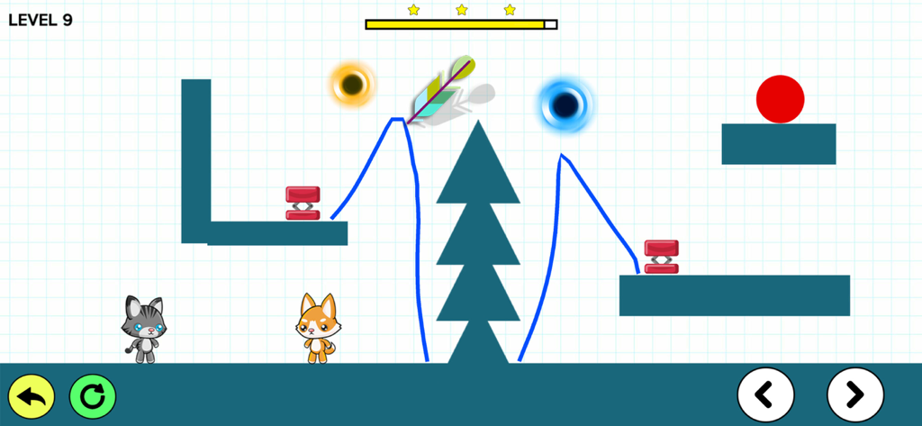 Brain It On! : Cat & Dog - Gameplay screenshot of Brain It On Cat and Dog showing a physics puzzle level with hand-drawn lines and cute pet characters