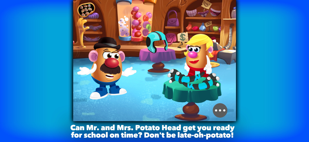 Mr. Potato Head: School Rush - Mr. and Mrs. Potato Head in the Parts Emporium with a helmet and rocket skates.