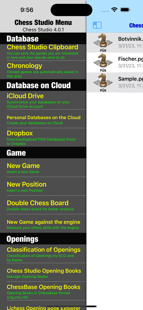 Chess Studio Lite - Main menu of Chess Studio Lite app featuring database management and cloud storage options