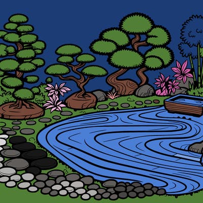 a serene zen garden with raked gravel, bonsai trees, and tranquil ponds
