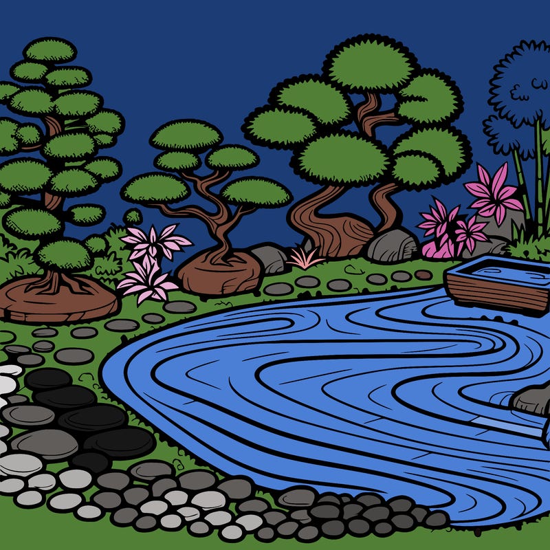 a serene zen garden with raked gravel, bonsai trees, and tranquil ponds