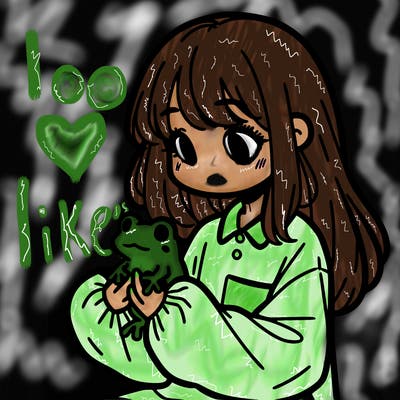 girl with long hair and a oversized shirt. and she is holding a frog