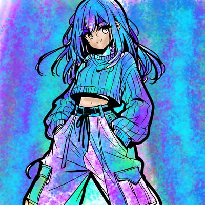 anime teen girl with baggy pants and crop top with sweater