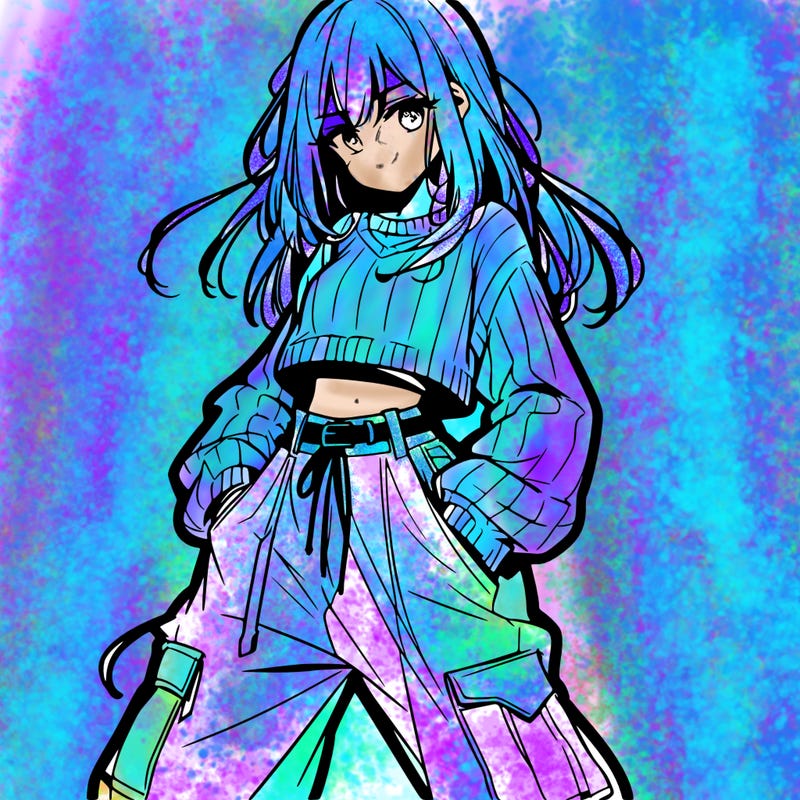 anime teen girl with baggy pants and crop top with sweater