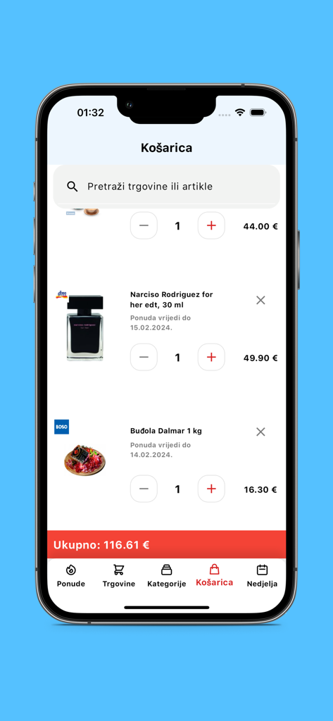 Screenshot of the Košarica app shopping cart interface showing items and total price