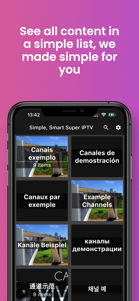 SSS IPTV, Simple, Smart Super - SSS IPTV app interface showing a grid of example channels in multiple languages.