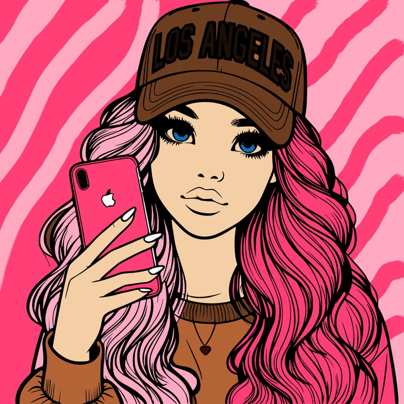 realistic beautiful girl wearing los ángeles cap holding an iphone