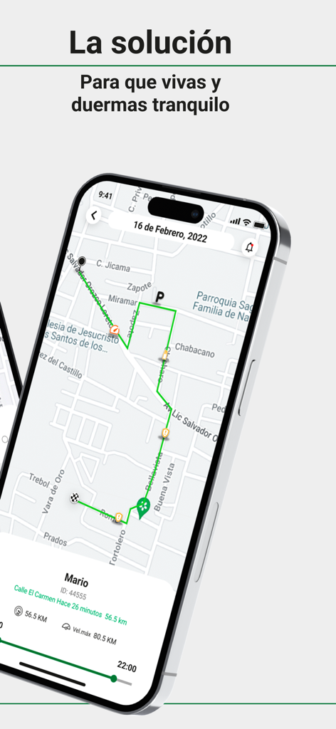 Satélites 24Hrs - Satélites 24Hrs mobile app interface displaying a real-time GPS vehicle tracking route and driver information on a map.