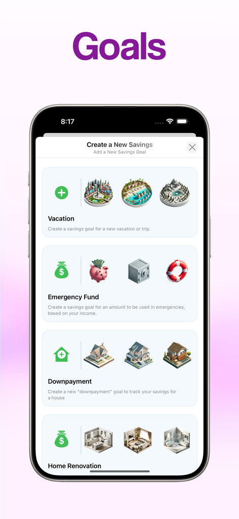 Pantalla de la aplicación DownPay que muestra categorías para nuevos objetivos de ahorro, como fondo de emergencia para vacaciones y pago inicial de una casa.