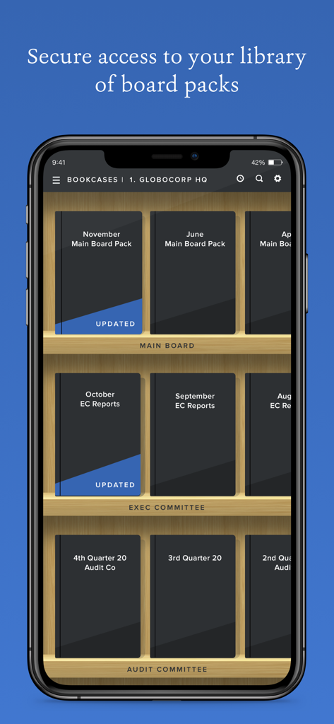 Board Intel app library view showing digital board packs organized on a wooden bookshelf interface.