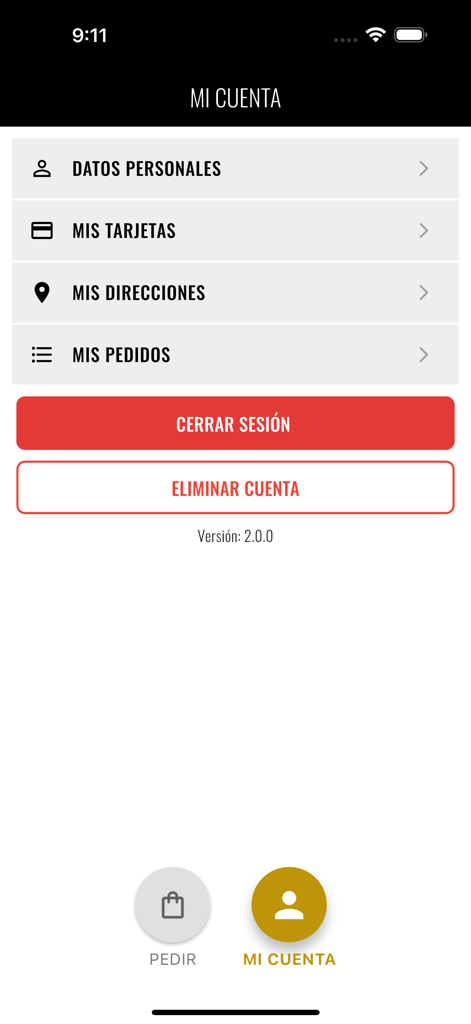 Bendita Burger - Pantalla de cuenta de la app Bendita Burger con opciones de perfil y pedidos