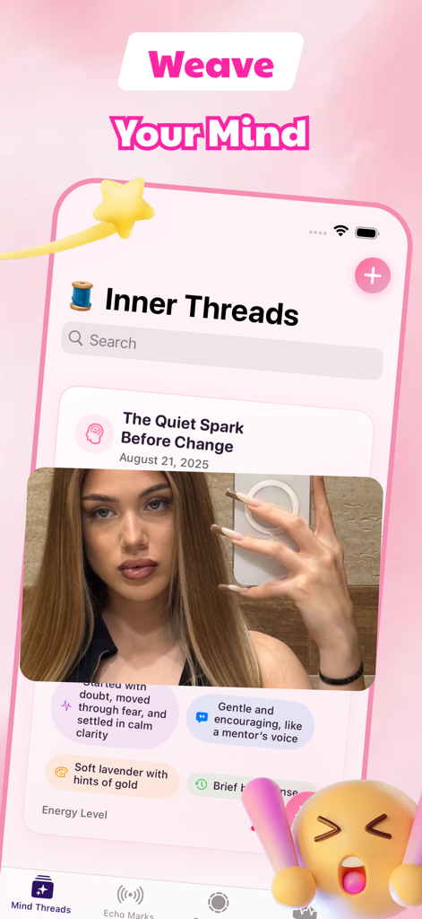 Camchat Echo - Uno screenshot dell'app Camchat Echo che mostra la sezione Inner Threads con una voce di diario video e tag emotivi.