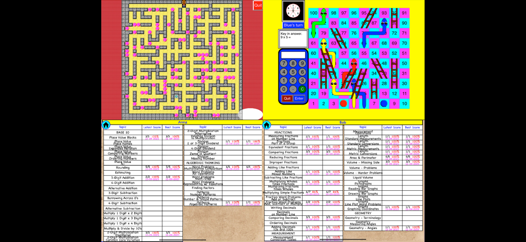4th Grade Math - Math Galaxy - Screenshots of the 4th Grade Math Math Galaxy app showing a maze game snakes and ladders and student progress reports
