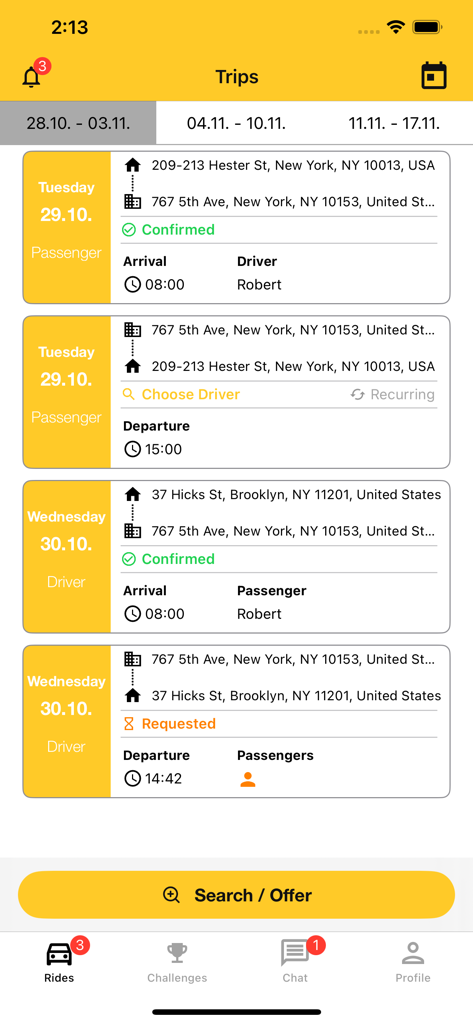 RideBee - Weekly view of scheduled and requested carpool trips in the RideBee app