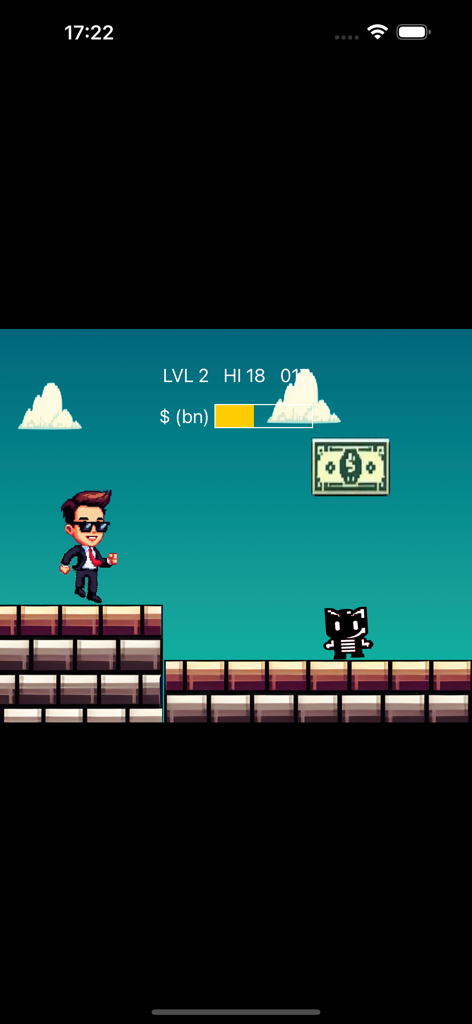 Tech Billionaire Jump - Personaje billonario tecnológico pixelado saltando sobre un obstáculo en un nivel de juego de plataformas retro