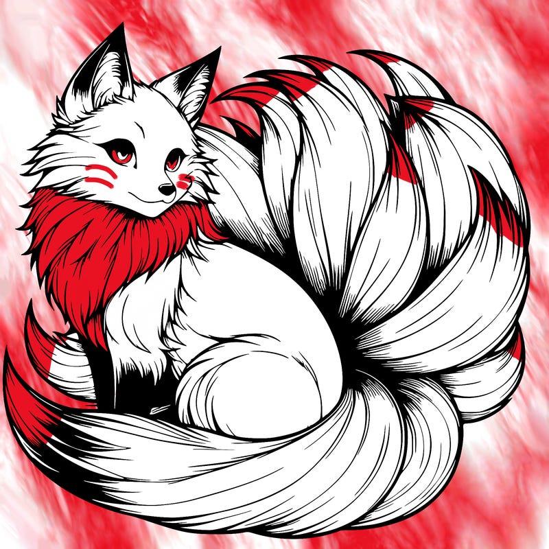 realistic detailed 9 tailed anime fox