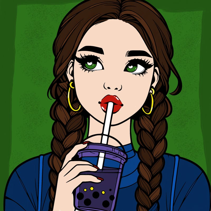 realistic girl with braided hair drinking boba