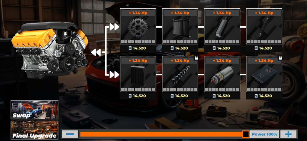A detailed engine tuning menu in the garage showing various performance part upgrades and horsepower boosts.