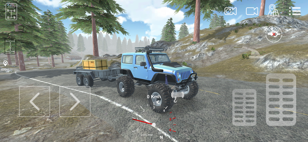 Customized blue off road truck pulling a trailer in Torque Offroad simulator