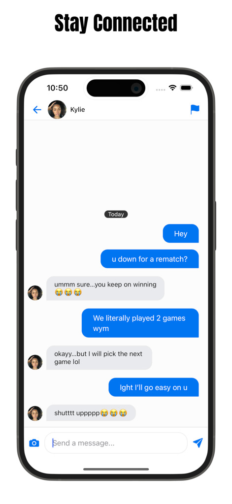 Pandu – Make Friends and Play - Pandu 앱 메시징 인터페이스의 스크린샷으로, 함께 게임을 하자는 두 사용자 간의 대화를 보여줍니다.