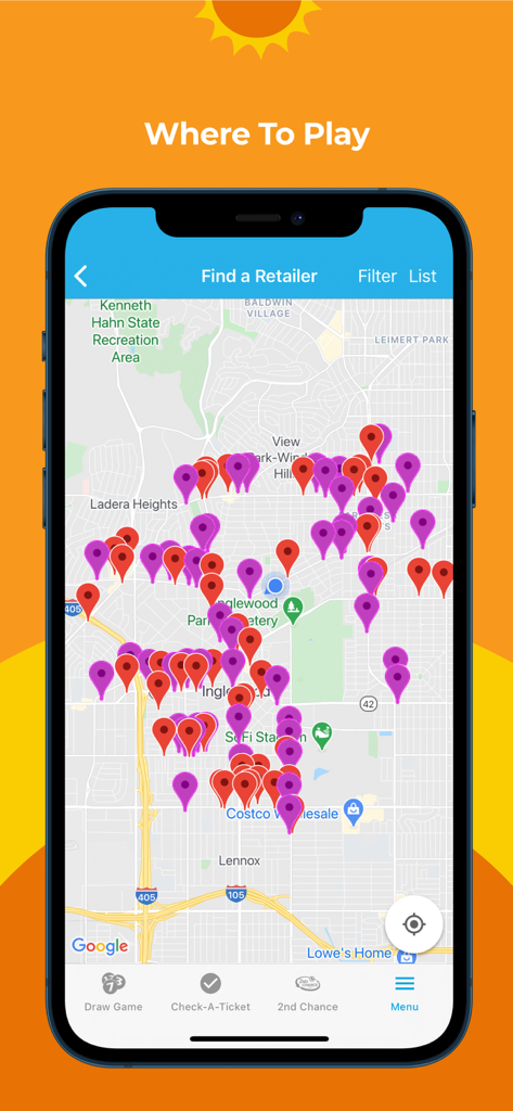Mapa de la app de la Lotería de California mostrando ubicaciones de distribuidores para comprar boletos