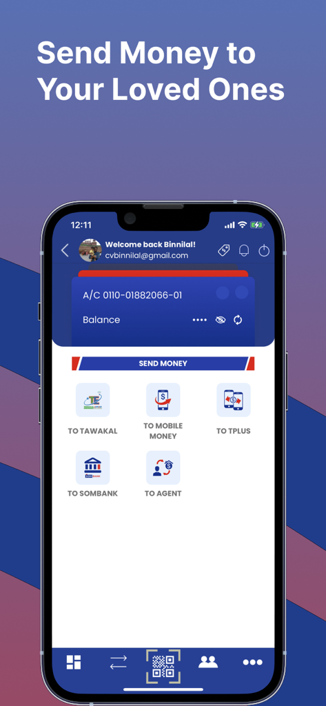 T-Plus - T-Plus app interface showing options to send money to SomBank and mobile money accounts