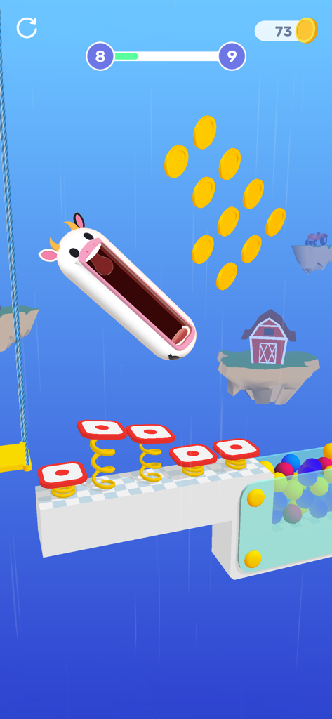 Hopping Heads: Scream & Shout - Ein schreiender Kuhkopf springt in einem Himmelslevel über Federplattformen, um Münzen zu sammeln.