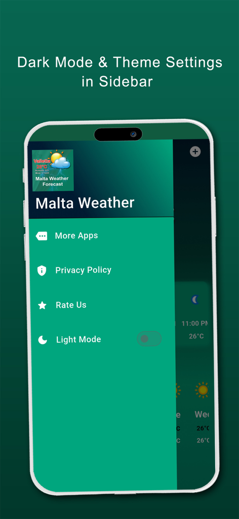 Malta Weather Forecast - Menu laterale dell'app Malta Weather Forecast che mostra le impostazioni del tema e l'interruttore della modalità chiara
