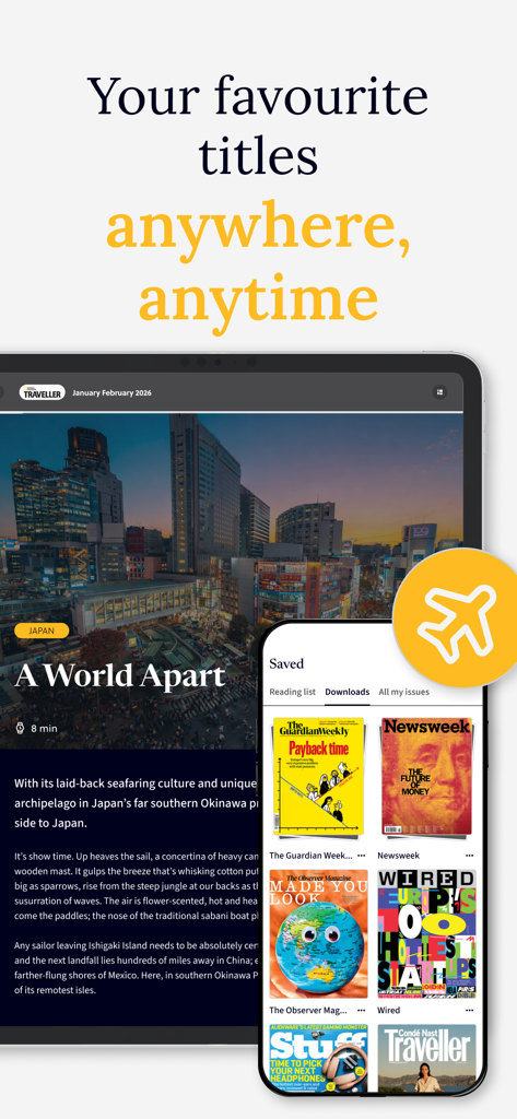 Readly: Newspapers & Magazines - Readly app interface on a smartphone and tablet showing downloaded magazine titles for offline reading.