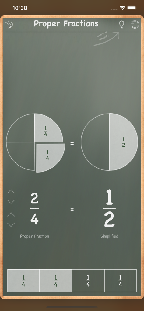 MathBoard Fractions - Una lección visual en una pizarra que muestra cómo dos cuartos se simplifican a un medio usando diagramas circulares.