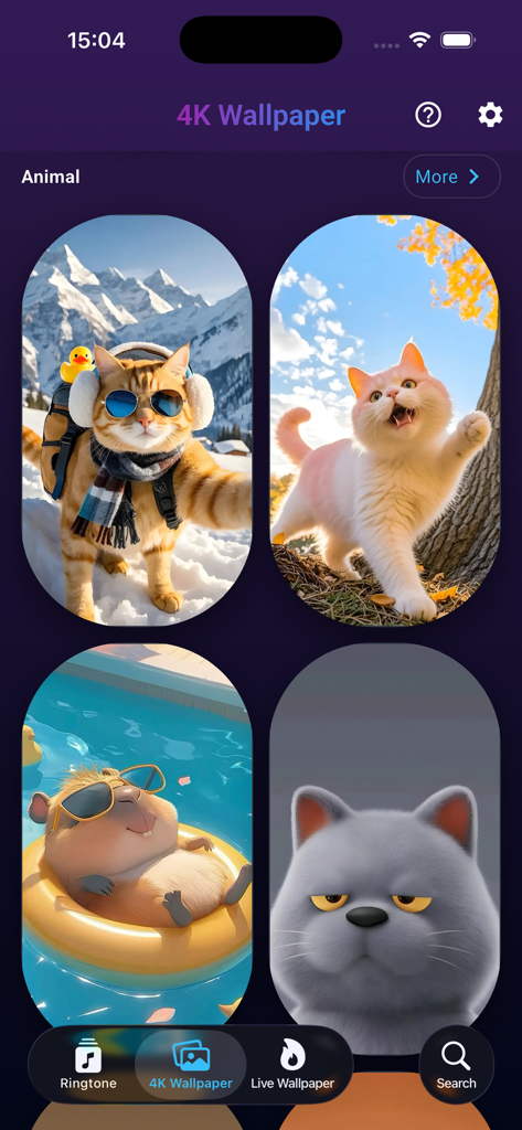 Sounds & Live Wallpapers - Interface do aplicativo exibindo uma seleção de papéis de parede de animais 4k, incluindo gatos e uma capivara