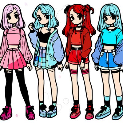 one girl with crop-top shirt and a jacket with a skirt, long socks and another girl with a shirt and pants with a jacket