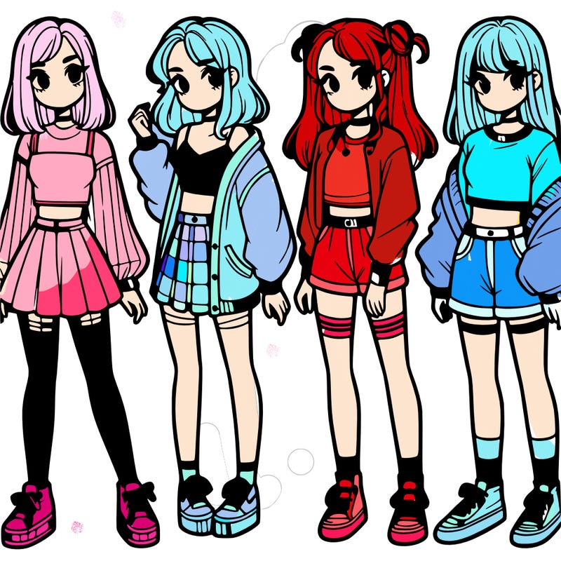 one girl with crop-top shirt and a jacket with a skirt, long socks and another girl with a shirt and pants with a jacket