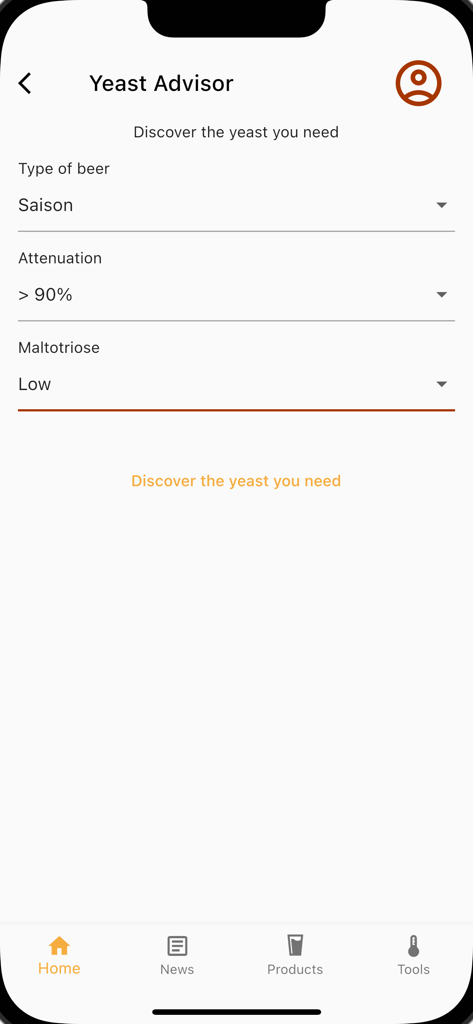 Fermentis - Outil de conseil de levure dans l'application Fermentis pour sélectionner la levure de bière en fonction du type de bière et des spécifications techniques comme l'atténuation