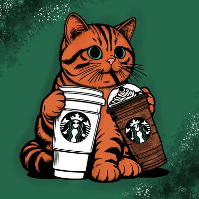 realistic cat drinking realistic starbucks coffee