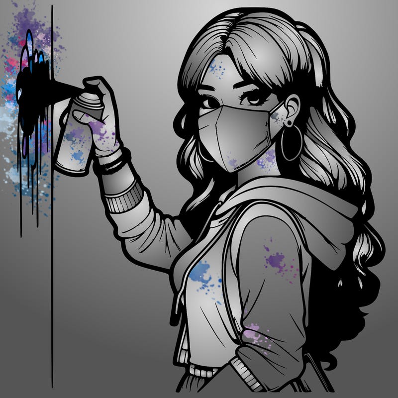 realistic girl with mask spray painting a wall