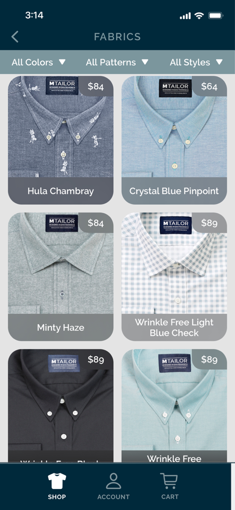 MTailor - Custom Clothing - A grid view of various custom dress shirt fabric options and prices in the MTailor app
