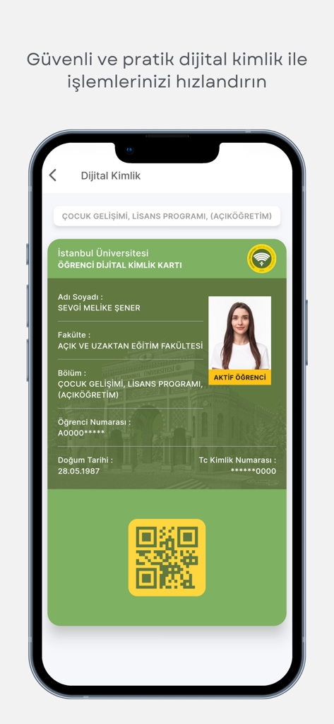 AUZEF Mobil Uygulama - Digital student identification card interface in the AUZEF mobile app