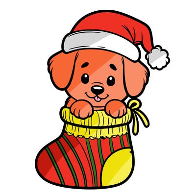cute puppy wearing santa hat in socking
