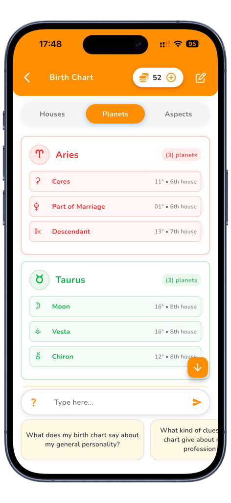 Astromatik - AriesとTaurusの惑星配置を示すAstromatikアプリの詳細な出生図表示とAIチャットアシスタント。