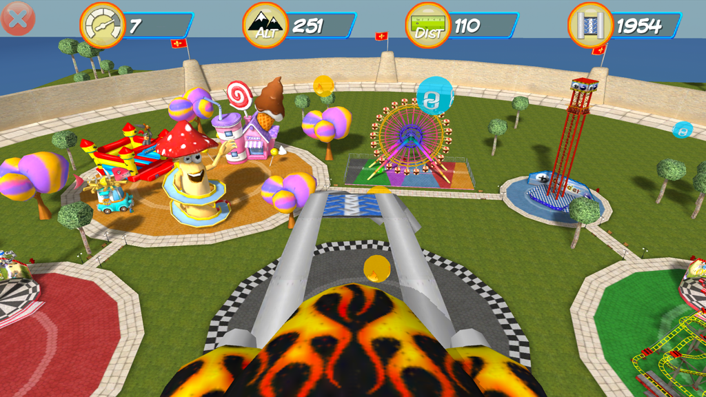 Off the Rails® - Vista in prima persona di una montagna russa che percorre un colorato parco divertimenti 3D.