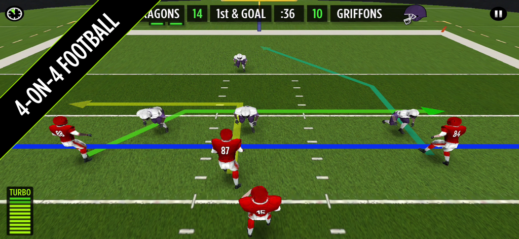 Top down view of arcade style 4-on-4 football gameplay with player route lines and score board