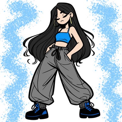 girl in baggy pants crop top and long hair