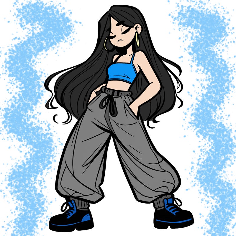 girl in baggy pants crop top and long hair