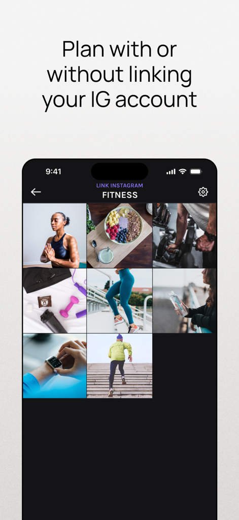 Mobile app interface showing a fitness themed Instagram grid preview